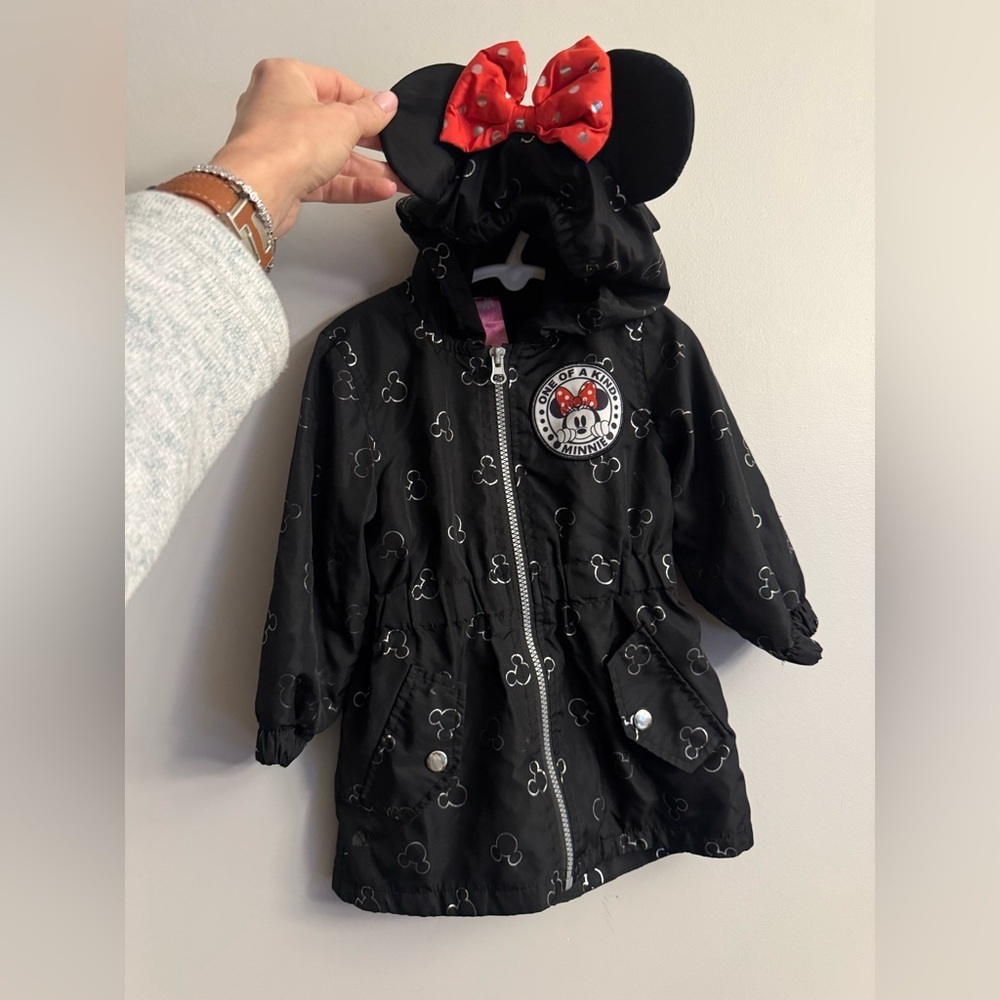 Disney Minnie Mouse Toddler Jacket 2T Hooded Ears Bow Black Mickey Print Coat